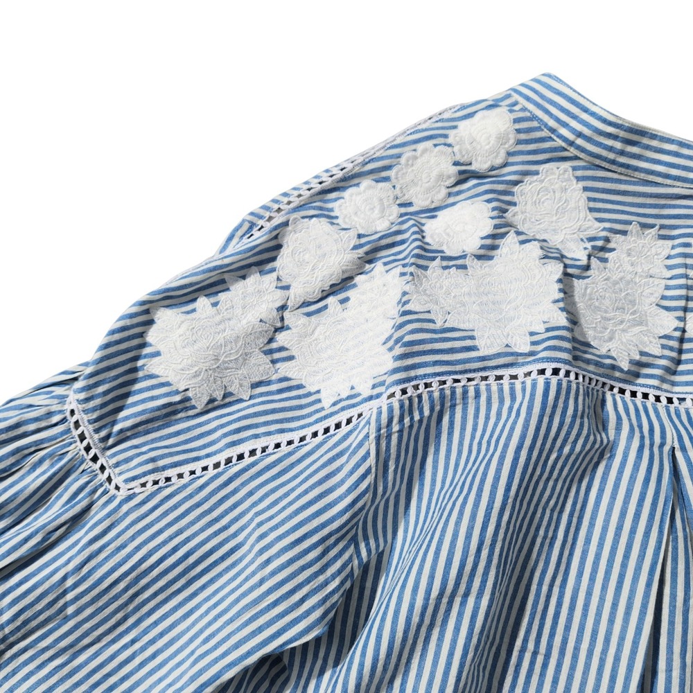 Free People Top XS Blue Stripe Embroidered Flowers Boho Bell Sleeve NWT - Picture 11 of 15